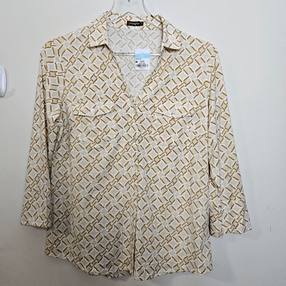 J McLaughlin Brynn Button Down 3/4 Sleeve Top NWT Women's Bond Link Tan/White Si